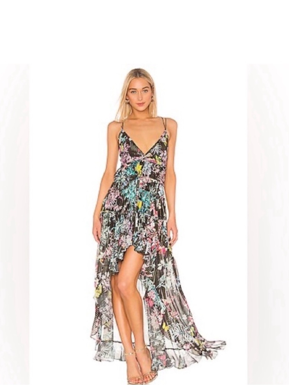 Rococo Sand Floral Print High-Low Spaghetti Strap Dress - Black Multi